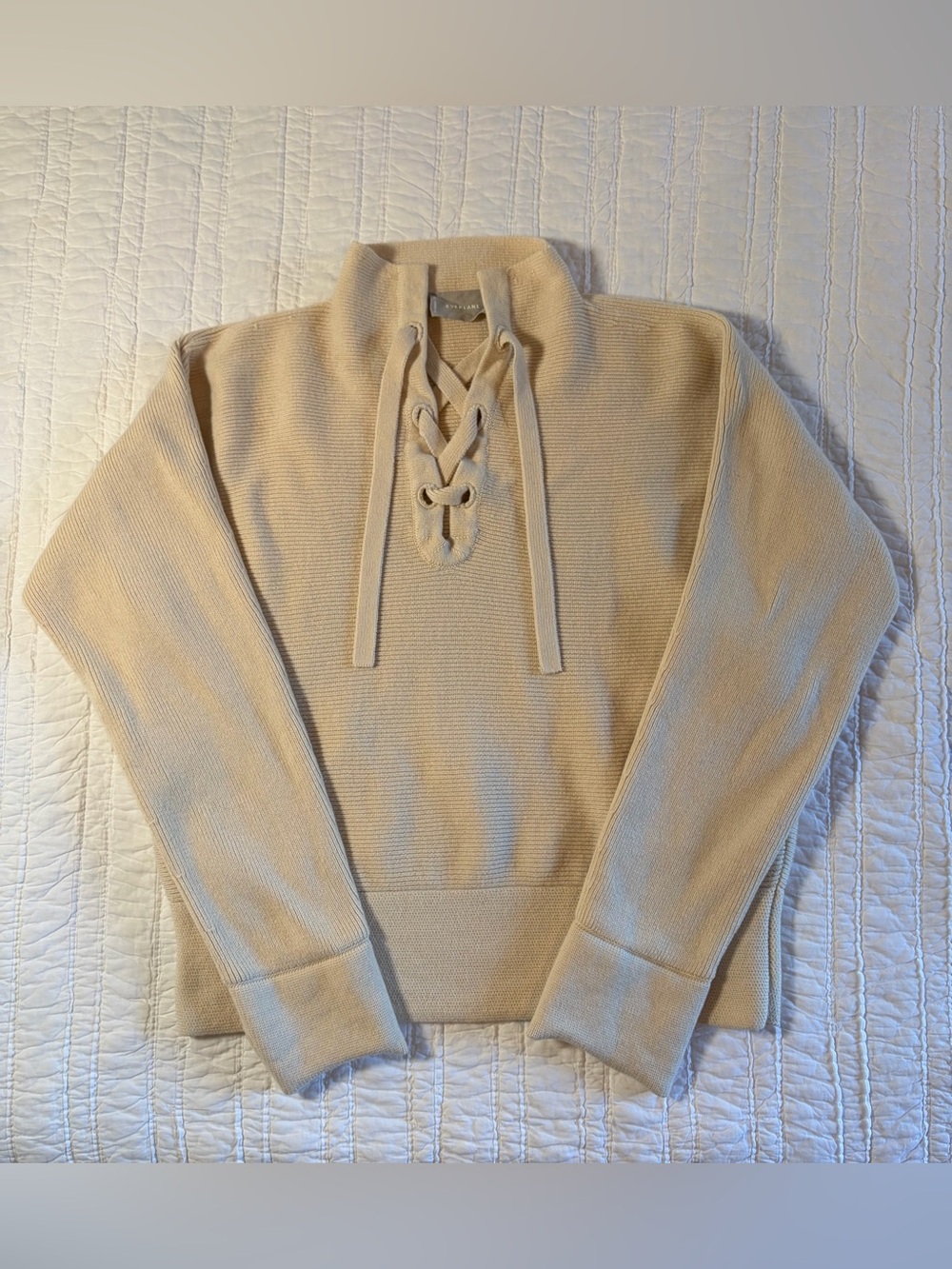 Everlane Cream Wool Blend Tie-Front Smock Lace-Up Knit Sweater Size M